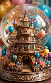 a large colorful structure with balloons around it