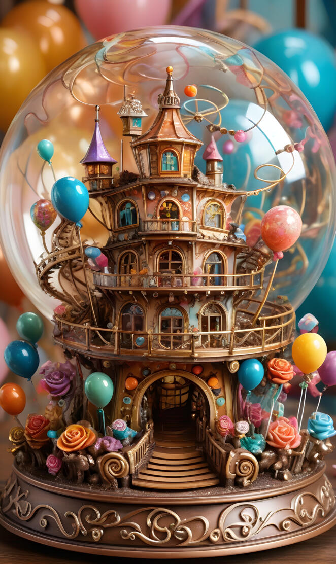 a large colorful structure with balloons around it