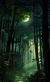 Moonlight filters through verdant canopy, casting enchanting shadows.