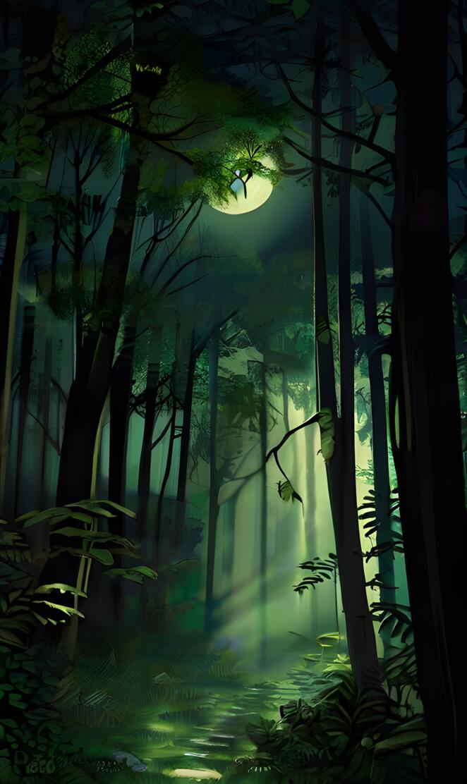 Moonlight filters through verdant canopy, casting enchanting shadows.