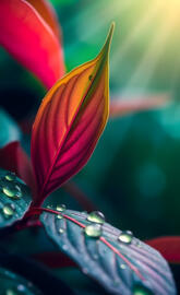 Vibrant leaves glistening with water droplets under sunlight in garden