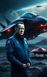 a man next to a futuristic jet in space