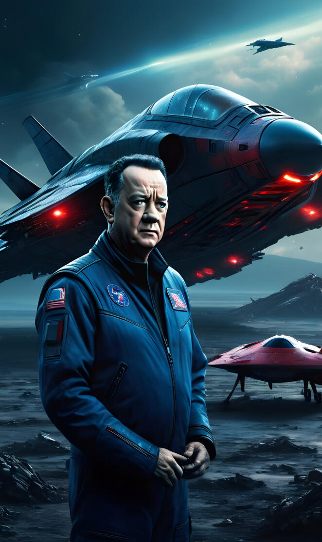 a man next to a futuristic jet in space