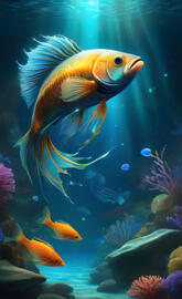 "Create a surreal underwater scene where bioluminescent fish of vari