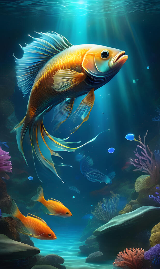 "Create a surreal underwater scene where bioluminescent fish of vari