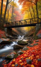 a bridge over a river with trees and rocks around it