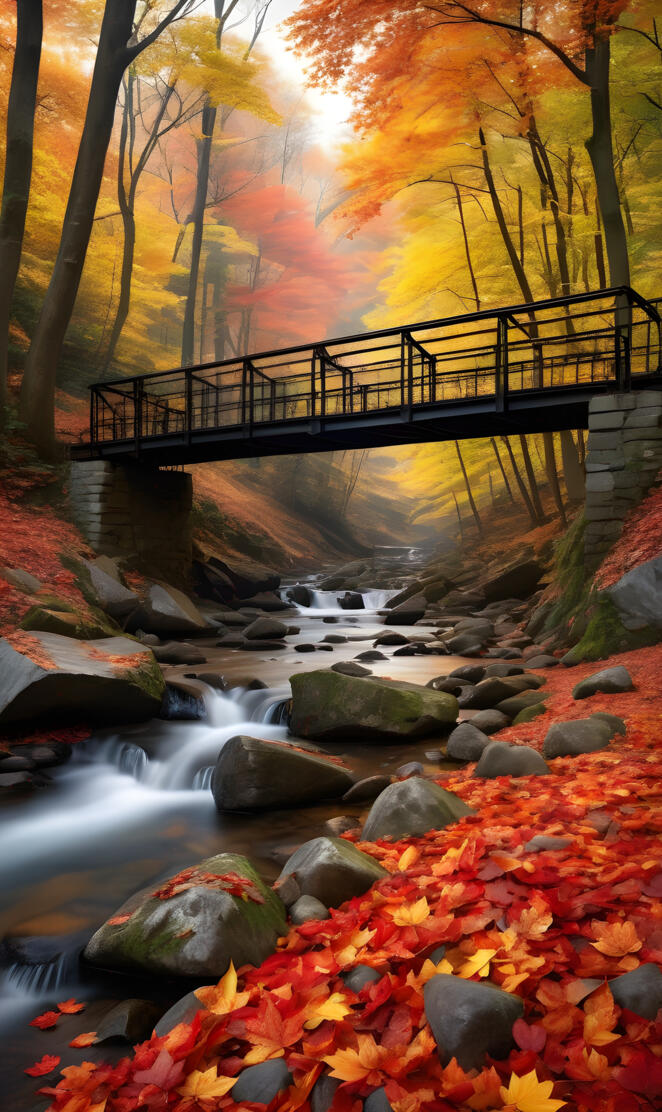 a bridge over a river with trees and rocks around it
