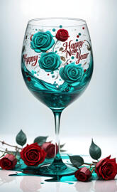 a glass with a blue liquid and roses in it