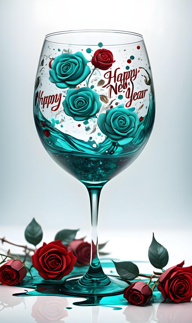 a glass with a blue liquid and roses in it