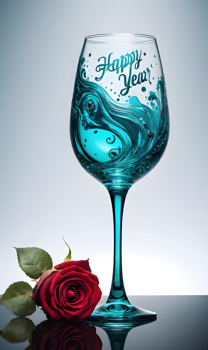 a glass with a blue liquid in it and a rose in front of it