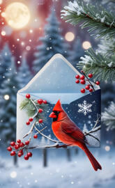 a red bird on a branch with a flag and a star