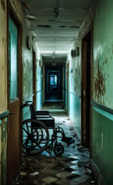 Visualize an abandoned, decrepit hospital enveloped in darkness and a