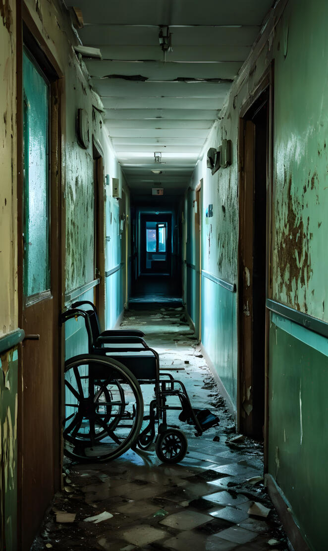Visualize an abandoned, decrepit hospital enveloped in darkness and a