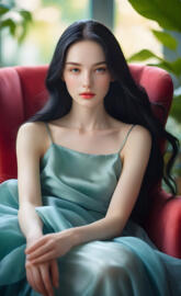 a woman sitting on a couch