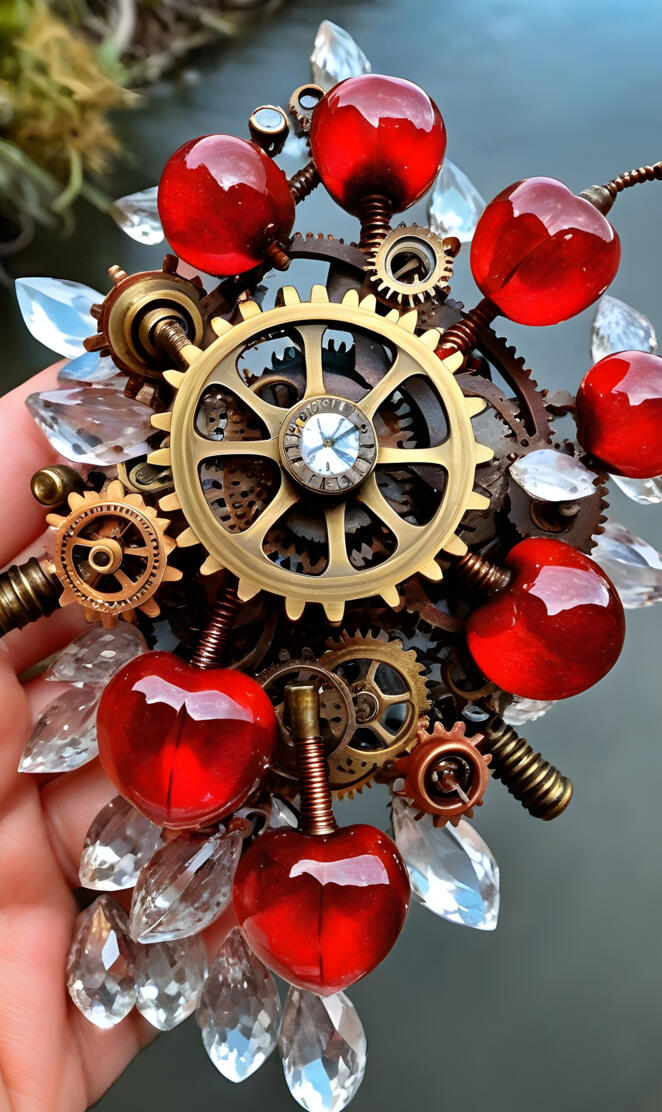 a hand holding a gold and silver watch with red balls