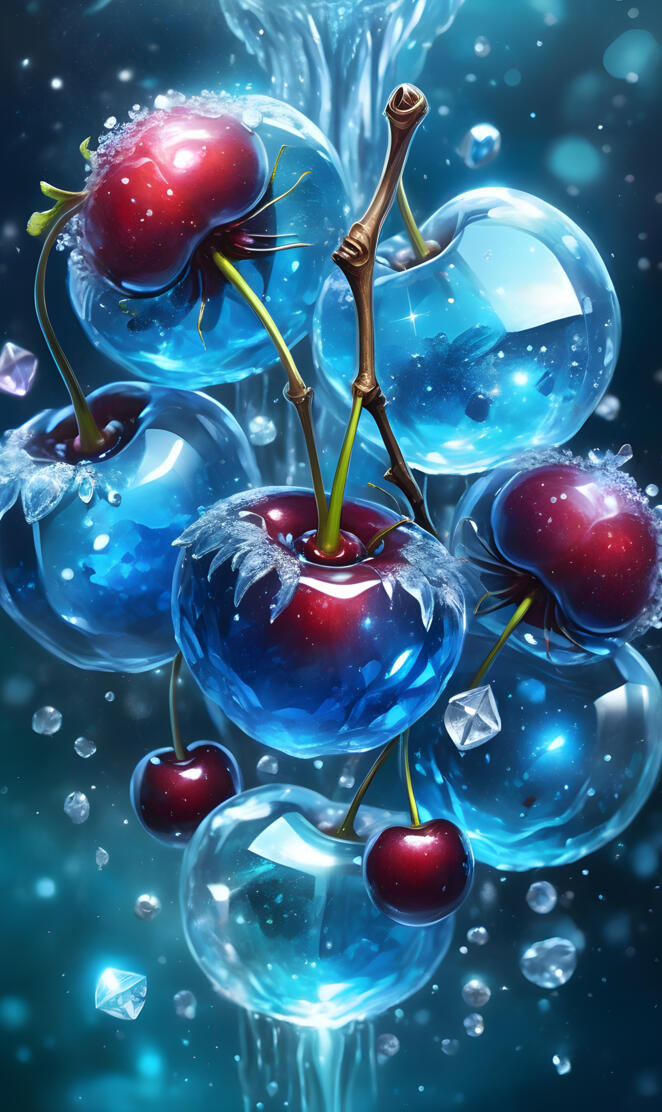 cherries in water with bubbles