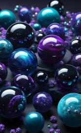 a group of blue and white balls