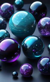 a group of blue and pink marbles