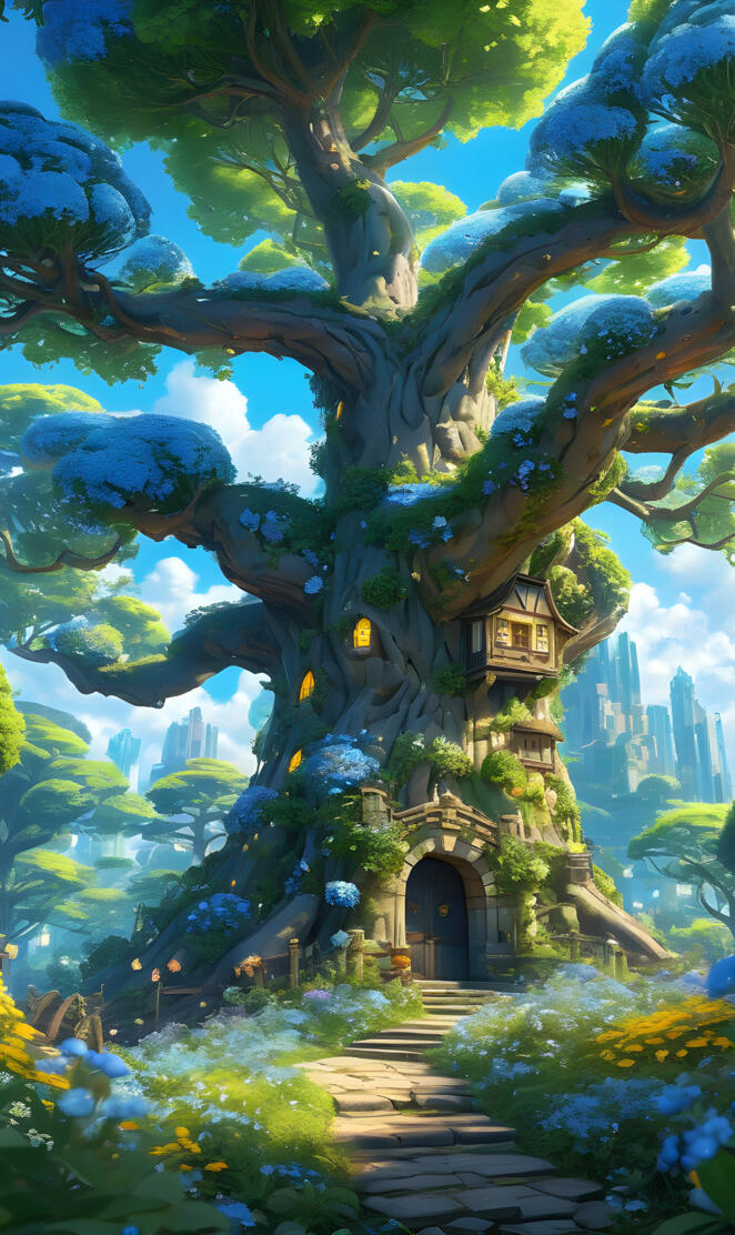 a tree with a building in the background