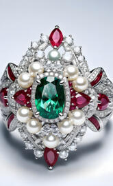 emerald surrounded by diamonds, rubies and pearls in cluster