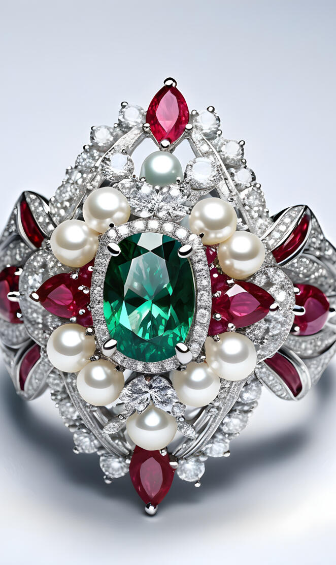 emerald surrounded by diamonds, rubies and pearls in cluster