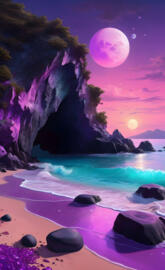 a beach with rocks and a body of water with a moon in the sky