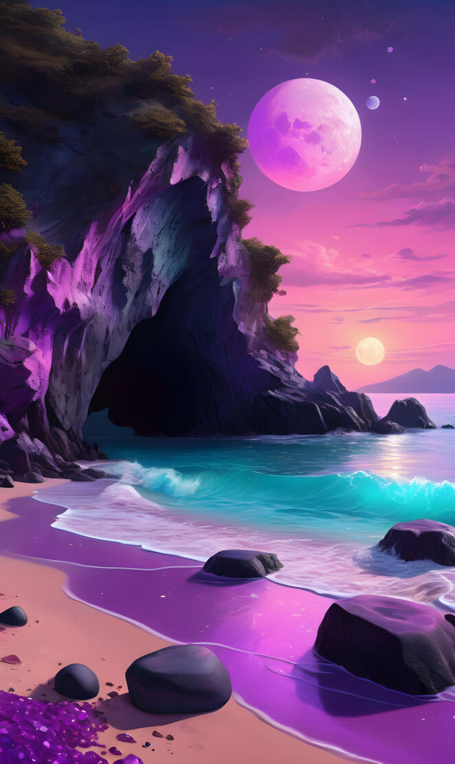 a beach with rocks and a body of water with a moon in the sky