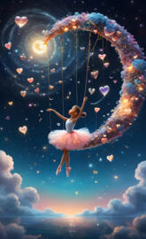 a person in a dress from a tree with clouds and a blue sky