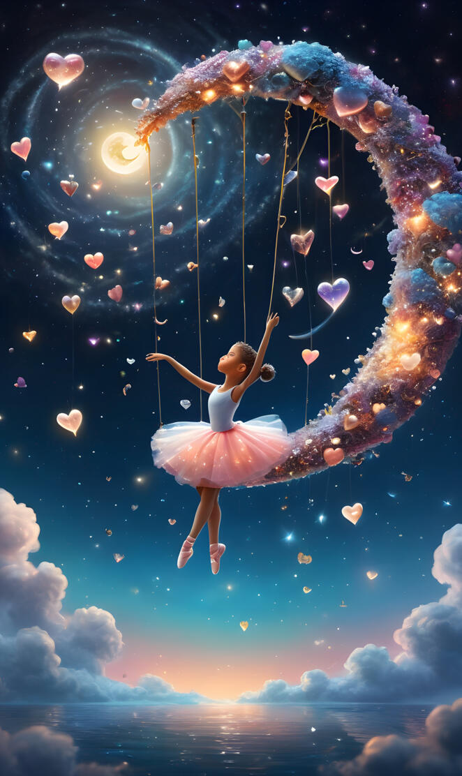 a person in a dress from a tree with clouds and a blue sky