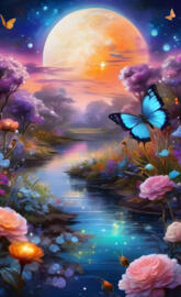 a pond with colorful flowers and a moon in the sky