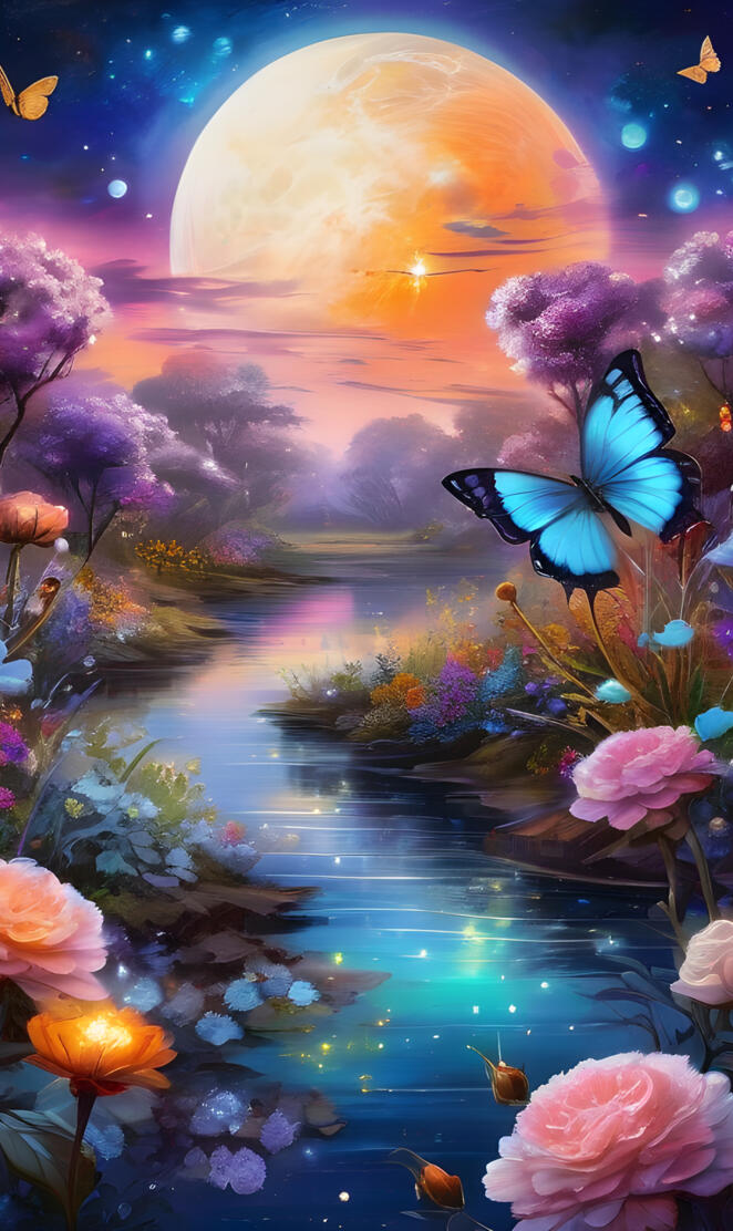 a pond with colorful flowers and a moon in the sky