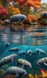 a group of fish swimming in a pond