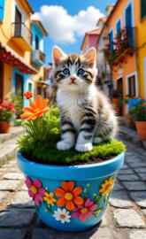 a cat sitting in a pot of flowers