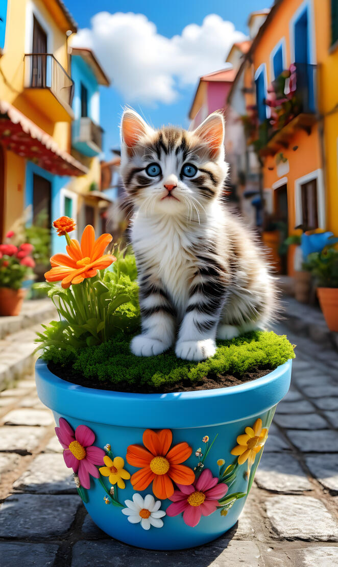 a cat sitting in a pot of flowers